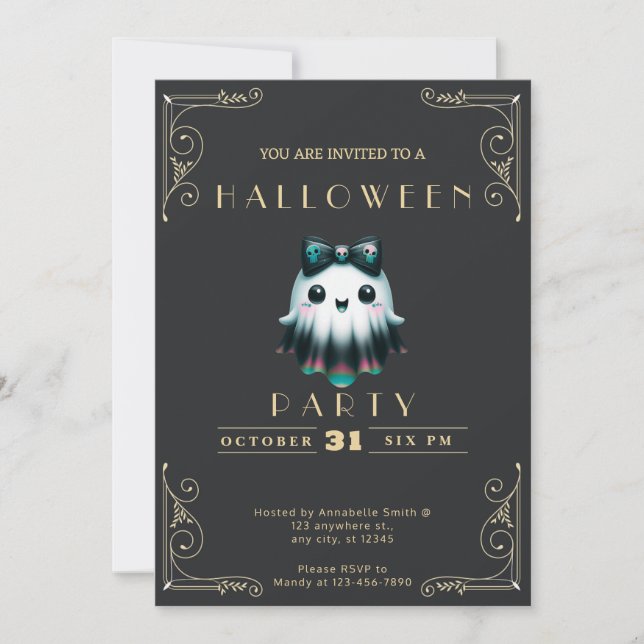 Invitation Chalboard Black & Gold Ghost Bow Skuls Halloween (Devant)