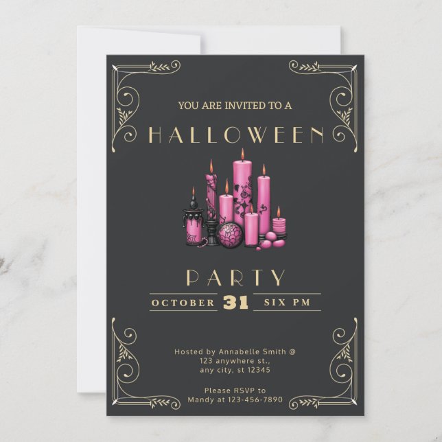 Invitation Chalboard Bougies noires et roses or Halloween (Devant)