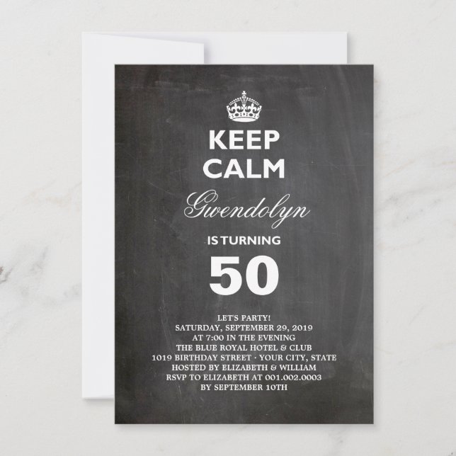 Invitation Chalboard Gardez le calme Funny 50e anniversaire I (Devant)