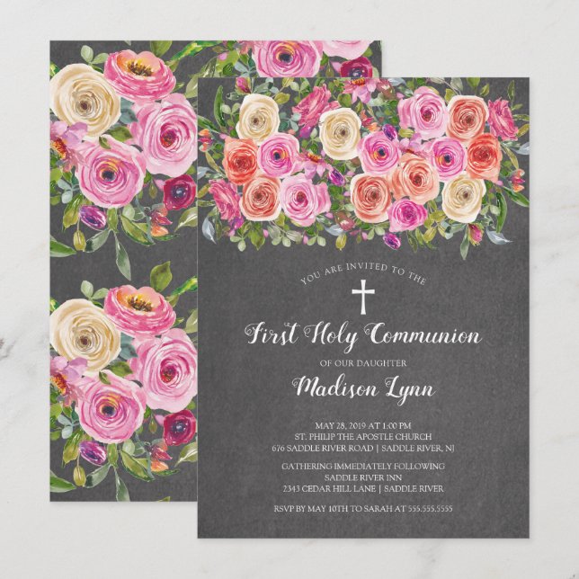 Invitation Chalboard moderne Pink Floral Première communion s (Devant / Derrière)
