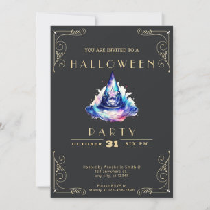 Invitation Chalboard noir et or bleu Cauldron Halloween