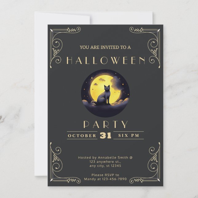 Invitation Chalboard noir et or noir chat lune Halloween (Devant)