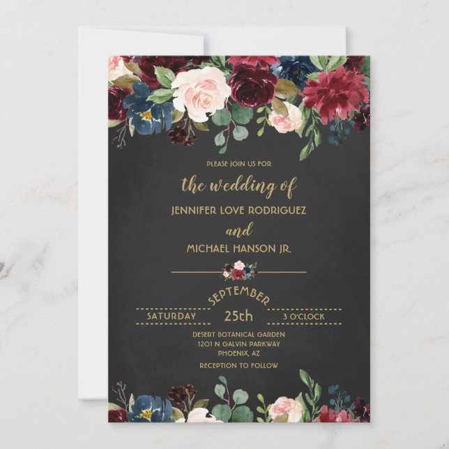 Invitation Chalboard personnalisé Floral Burgundy Mariage de  (Devant)