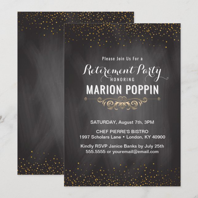 Invitation Chalboard Teacher Retirement Party Elegant Gold (Devant / Derrière)
