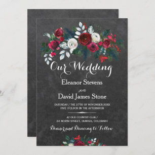 Invitation Chalet d'hiver rustique mariage floral bordeaux