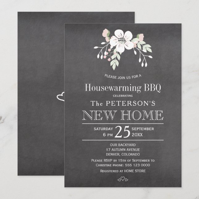 Invitation Chalet fleuri rustique maison chauffante barbecue (Devant / Derrière)