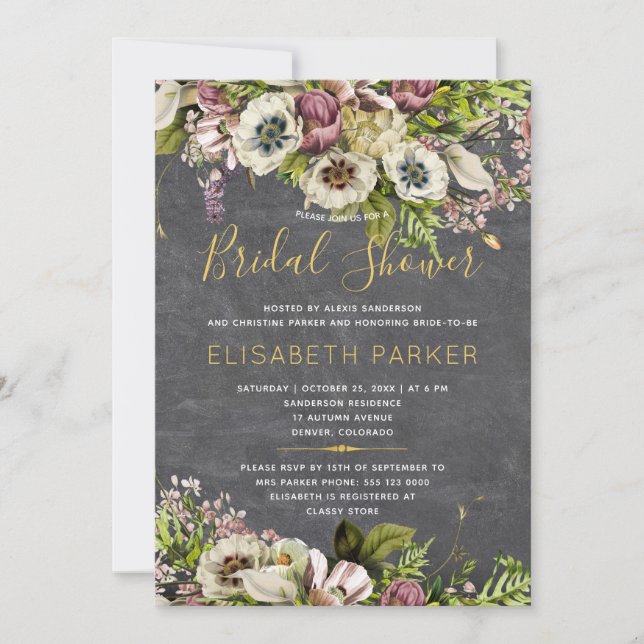 Invitation Chalet gris floral rustique chute douche nuptiale (Devant)