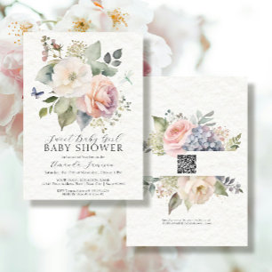 Invitation Chalet Rose Floral Bouquet Jardin QR Baby Girl