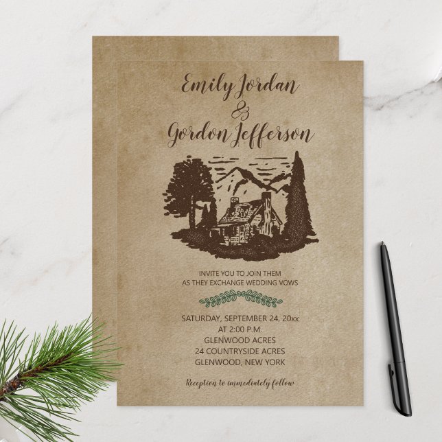 Invitation Chalet Rustique Lodge Mariage extérieur Montagne (Log Cabin Rustic Wedding Invitation)