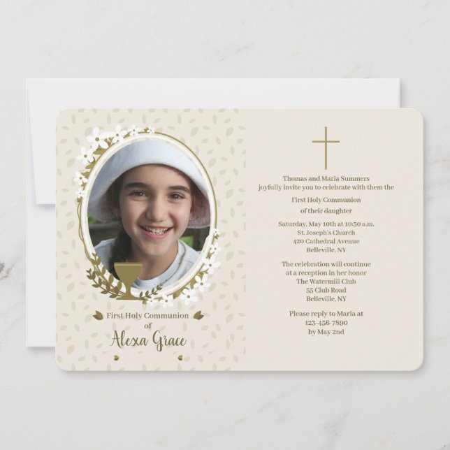Invitation Chalice aux fleurs Photo Première communion (Devant)