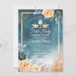 Invitation Chalice d'or Roses verts première communion sainte