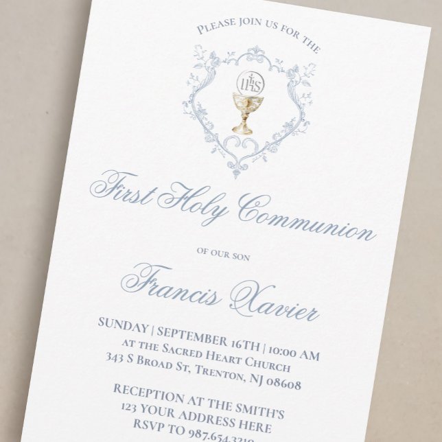 Invitation Chalice Host blue crest | First Communion (Créateur téléchargé)