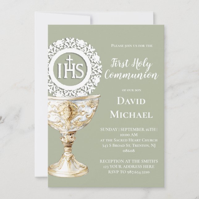 Invitation Chalice Host First Communion sage green background (Devant)