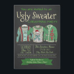 Invitation Chalk d'invitation de fête de Noël moche<br><div class="desc">Une invitation à la fête de Noël en pull moche avec trois chandails moches sur un arrière - plan de tableau noir. Vous pouvez facilement customiser ces invitations amusantes de fête de Noël en pull moche pour votre événement en ajoutant simplement vos détails.</div>