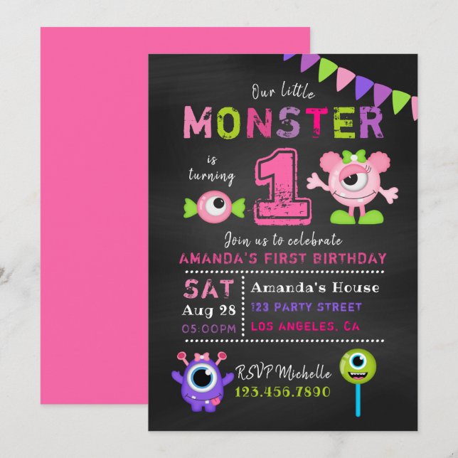 Invitation Chalkboard 1er anniversaire Little Monster Girl Pa (Devant / Derrière)