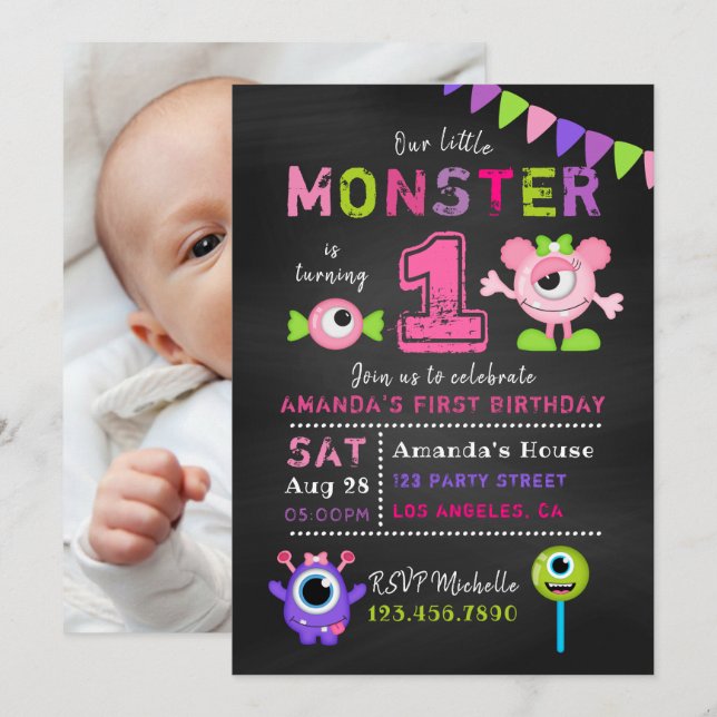 Invitation Chalkboard 1er anniversaire Little Monster Girl Pa (Devant / Derrière)