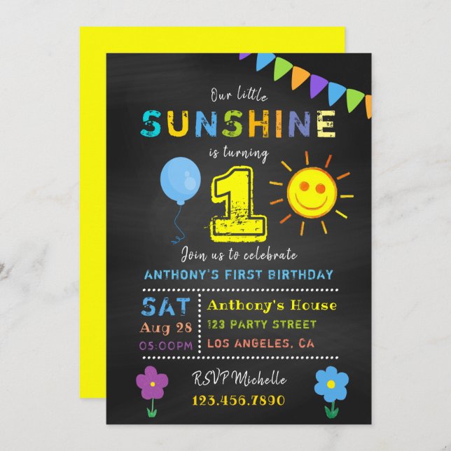 Invitation Chalkboard 1er anniversaire Little Sunshine Boy Pa (Devant / Derrière)