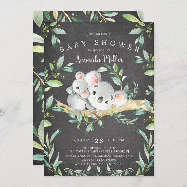 Invitation Chalkboard Adorable Baby shower d'ours Koala (Devant / Derrière)