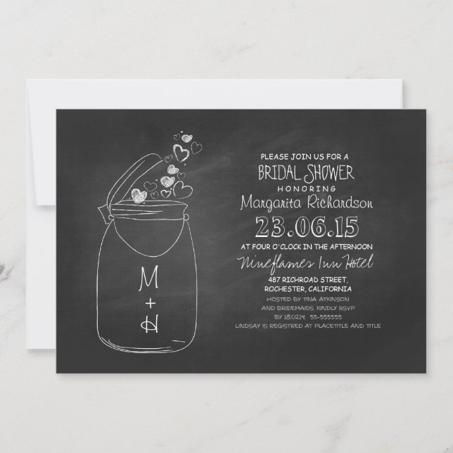 Invitation chalkboard amour coeurs mason jar nuptiale douche (Devant)