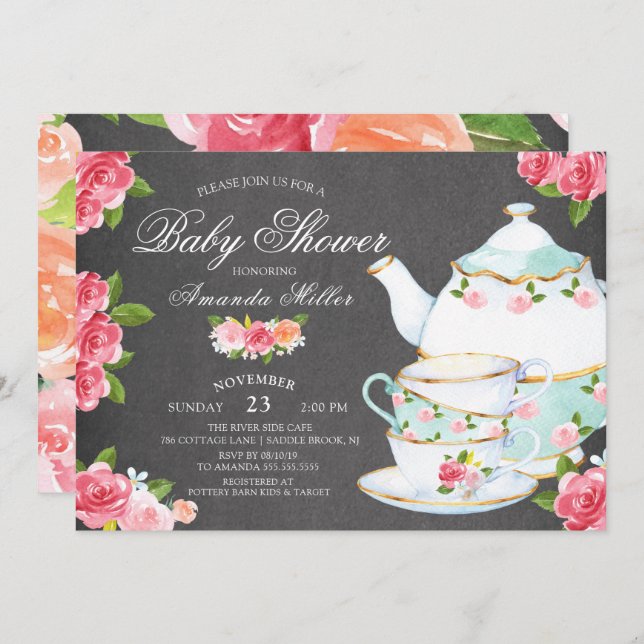 Invitation Chalkboard Aquarelle Floral Tea Baby shower (Devant / Derrière)
