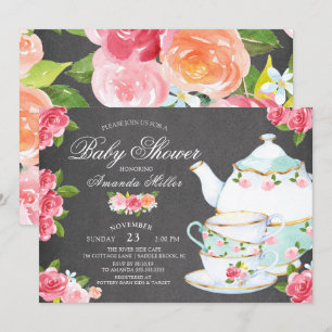 Invitation Chalkboard Aquarelle Floral Tea Baby shower