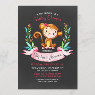 Invitation Chalkboard Aquarelle Singe Baby shower Fille