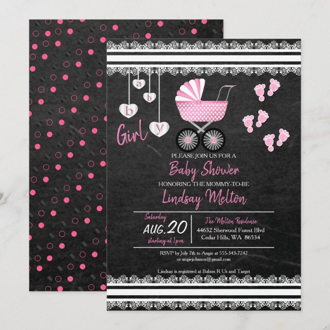 Invitation Chalkboard Baby Girl Douche Design (Devant / Derrière)