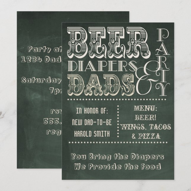 Invitation Chalkboard Bières Diapositives et Baby shower DADS (Devant / Derrière)