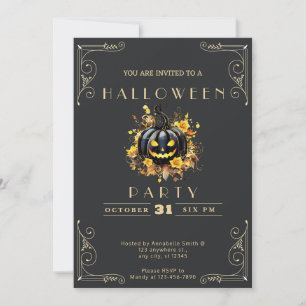 Invitation Chalkboard Black & Gold Black Citrouille Halloween