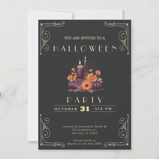 Invitation Chalkboard Black & Gold bougies Citrouille Hallowe (Devant)