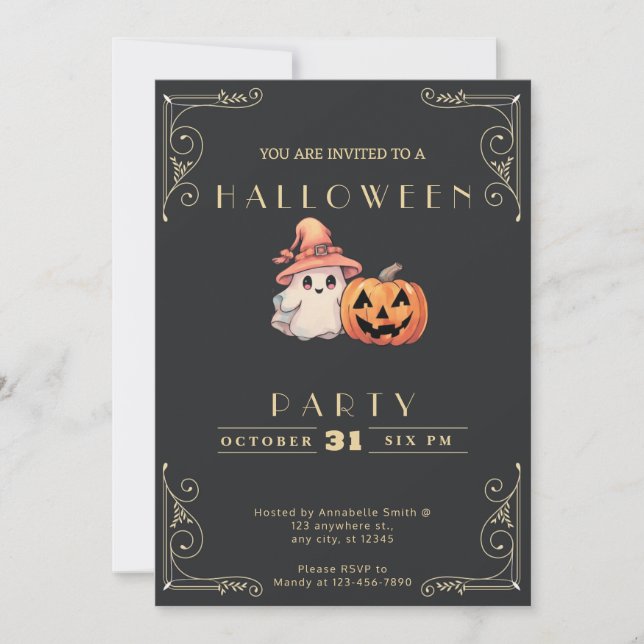 Invitation Chalkboard Black & Gold Cute Ghost Halloween (Devant)