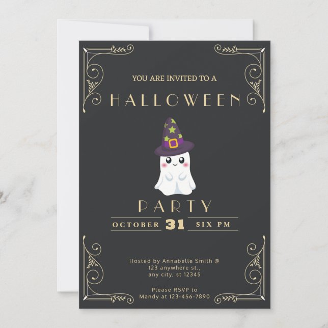 Invitation Chalkboard Black & Gold Cute Ghost Stars Halloween (Devant)