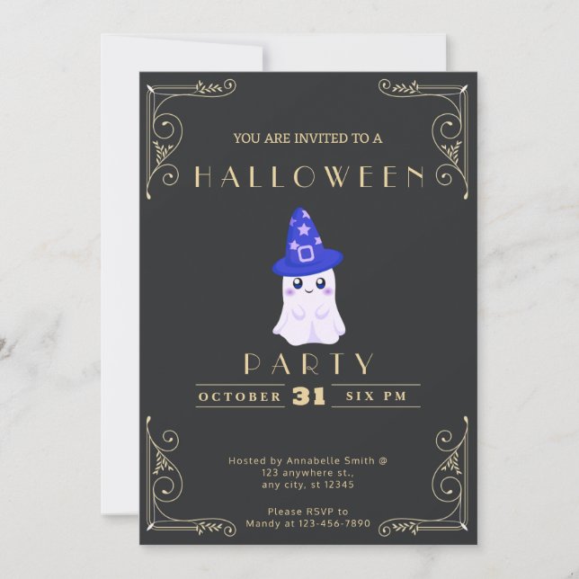 Invitation Chalkboard Black & Gold Cute Ghost Stars Halloween (Devant)