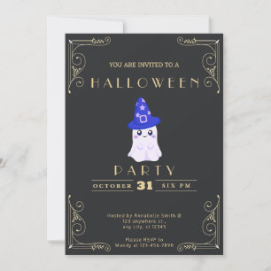 Invitation Chalkboard Black & Gold Cute Ghost Stars Halloween