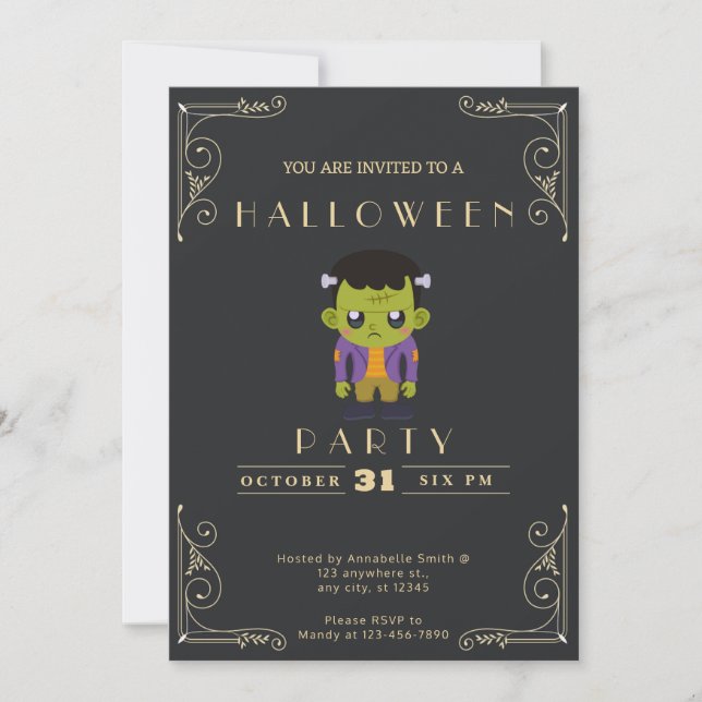 Invitation Chalkboard Black & Gold Cute Monster Halloween (Devant)