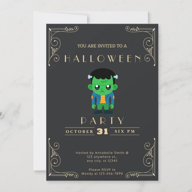 Invitation Chalkboard Black & Gold Cute Monster Halloween (Devant)