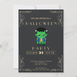 Invitation Chalkboard Black & Gold Cute Monster Halloween