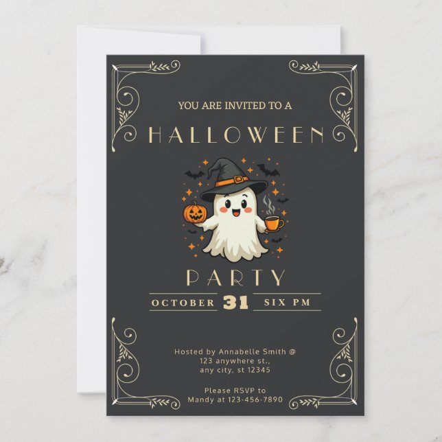 Invitation Chalkboard Black & Gold Ghost Stars Bats Halloween (Devant)