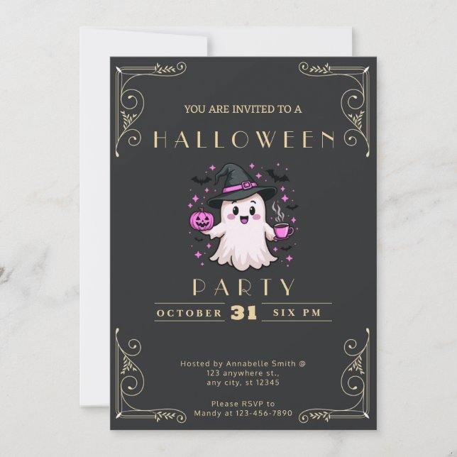 Invitation Chalkboard Black & Gold Ghost Stars Bats Halloween (Devant)