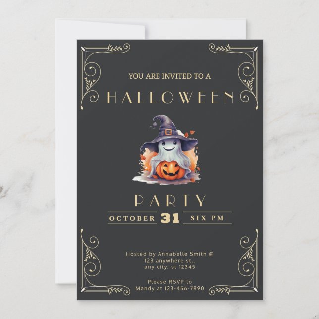 Invitation Chalkboard Black & Gold Ghost Witch Casquette Hall (Devant)