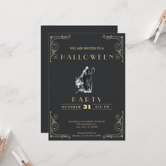 Invitation Chalkboard Black & Gold Griaper Halloween (Devant/Arrière en situation)