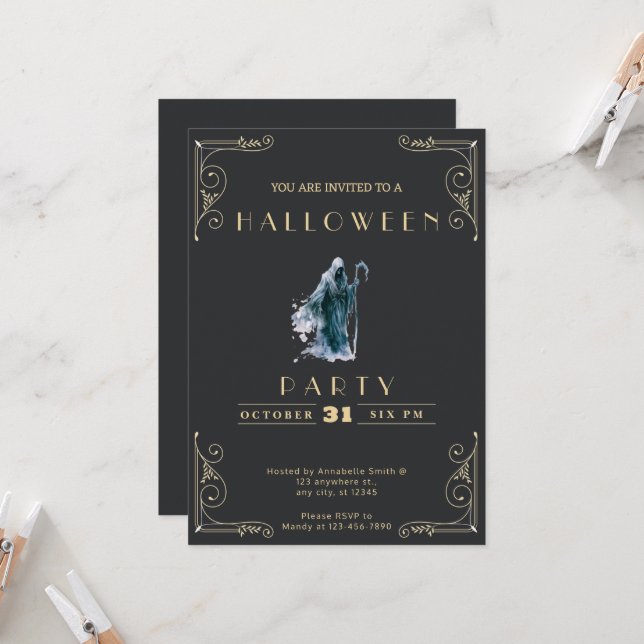 Invitation Chalkboard Black & Gold Griaper Halloween (Devant/Arrière en situation)