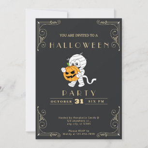 Invitation Chalkboard Black & Gold Mummy & Citrouille Hallowe