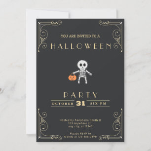 Invitation Chalkboard Black & Gold Skeleton Costume Halloween