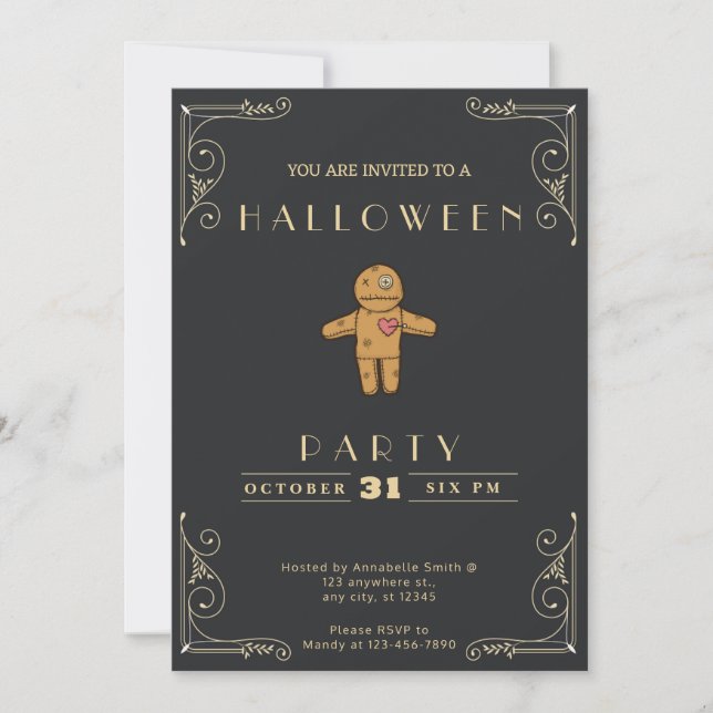 Invitation Chalkboard Black & Gold Voodoo Doll Halloween (Devant)
