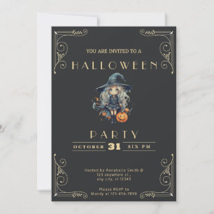 Invitation Chalkboard Black & Gold Witch Citrouille Halloween