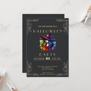 Invitation Chalkboard Black & Gold Witch Rainbow Halloween