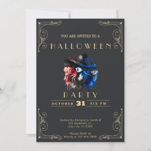 Invitation Chalkboard Black & Gold Witch Rainbow Halloween In