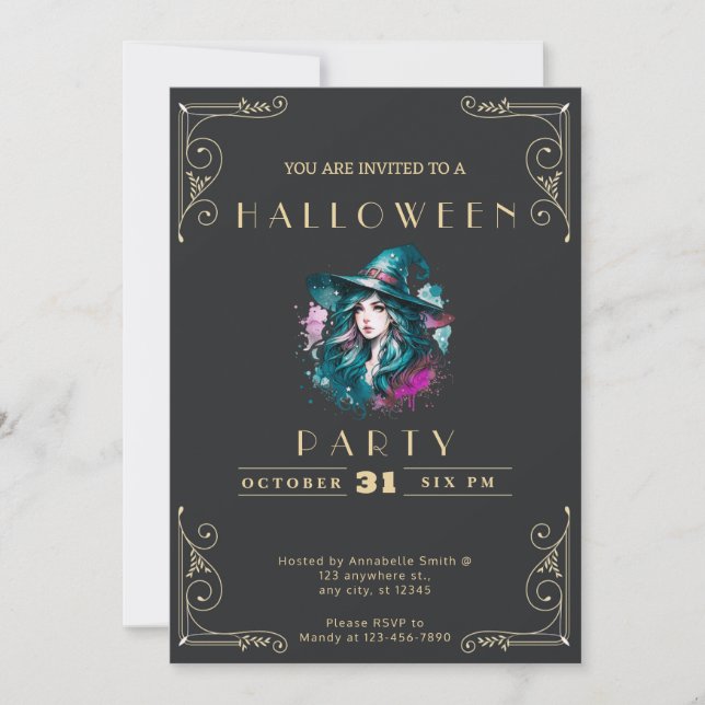Invitation Chalkboard Black & Gold Witch Rainbow Halloween In (Devant)