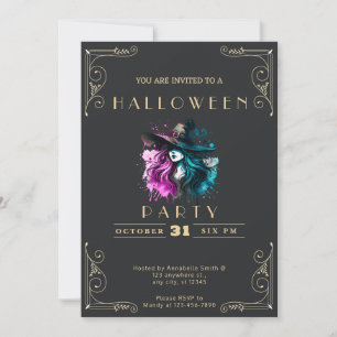 Invitation Chalkboard Black & Gold Witch Rainbow Halloween In